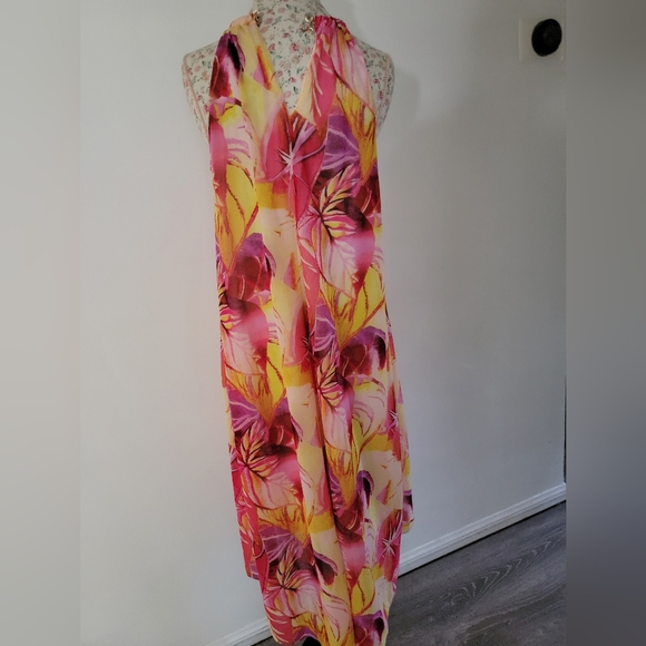 Jennifer Lopez Floral Halter Neck Dress - Pink and Yellow Size Large - Picture 6 of 8